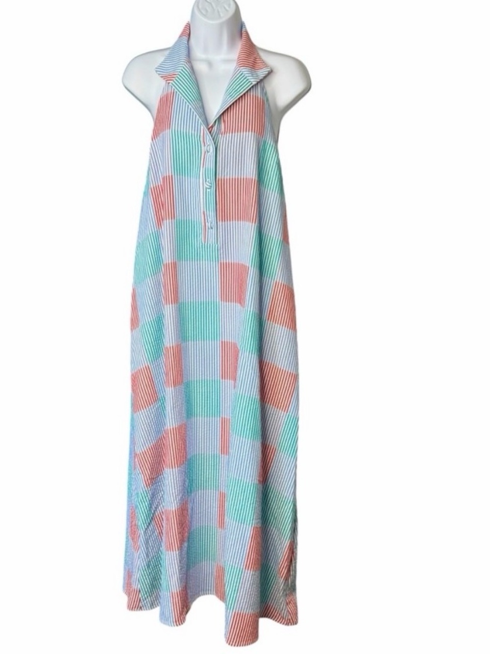 New Tuckernuck Madras Jagger Patchwork Stripe Check Halter Maxi Dress Size XS - Picture 4 of 8